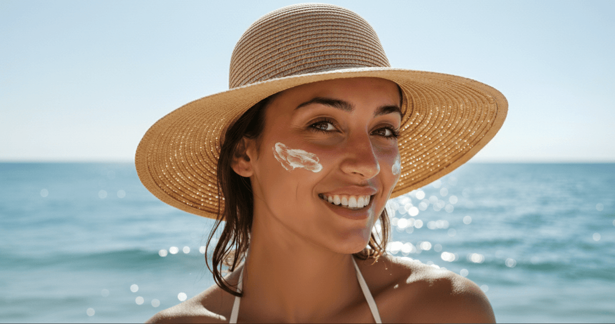 SPF 50 sunscreen for face applied at beach for sun and UV protection