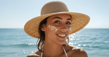 SPF 50 sunscreen for face applied at beach for sun and UV protection