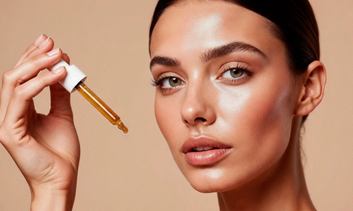 Vitamin C serum applied with dropper for glowing skin