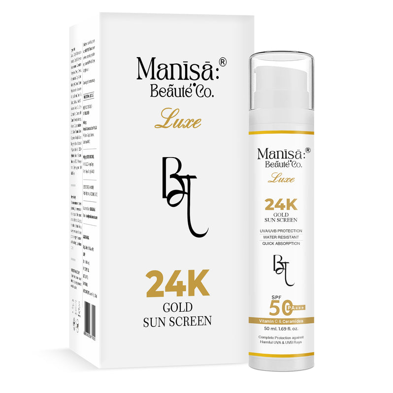 Manisa 24K Luxe Gold Sunscreen Lotion SPF 50 PA+++ with Vitamin C, Hyaluronic Acid & Ceramides - 50ML