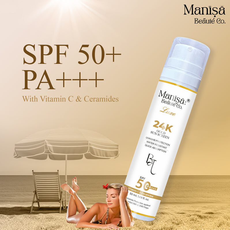 Manisa 24K Luxe Gold Sunscreen Lotion SPF 50 PA+++ with Vitamin C, Hyaluronic Acid & Ceramides - 50ML