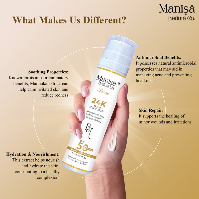 Manisa 24K Luxe Gold Sunscreen Lotion SPF 50 PA+++ with Vitamin C, Hyaluronic Acid & Ceramides - 50ML