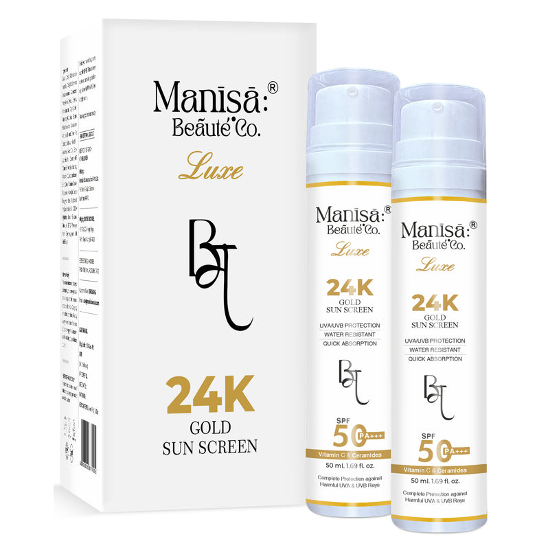 Manisa 24K Luxe Gold Sunscreen Lotion SPF 50 PA+++ with Vitamin C, Hyaluronic Acid & Ceramides - 50ML