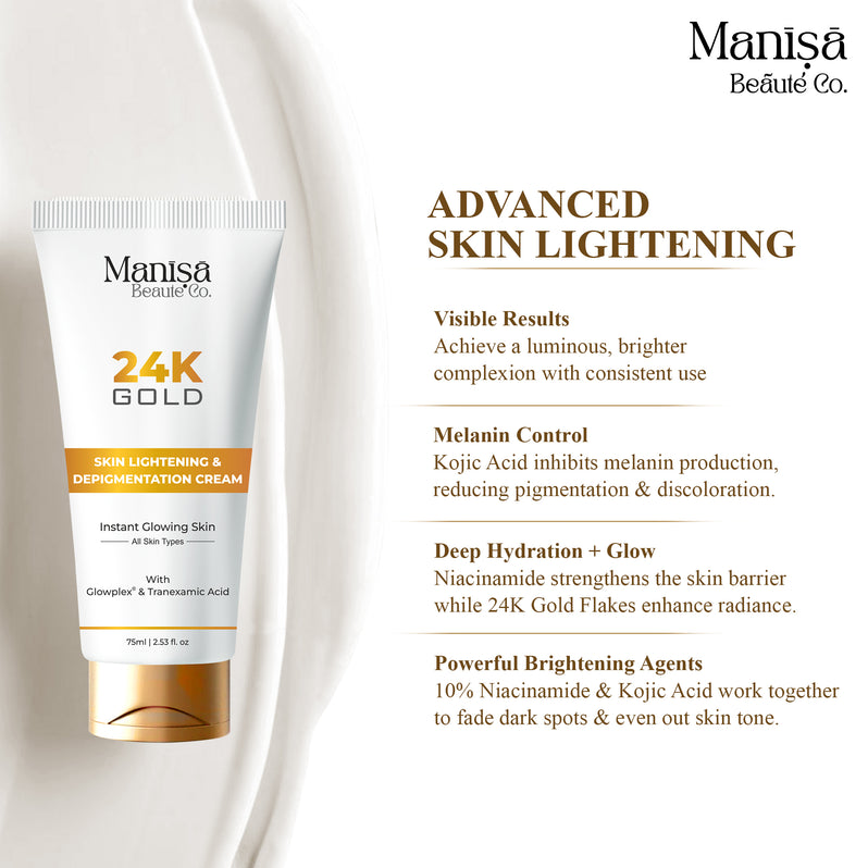 Manisa 24K Gold Skin Lightening and Depigmentation Cream with Kojic Acid | Reduces Dark Spots | Brightens Skin | 75 ml