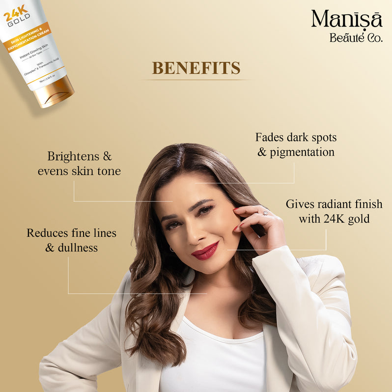 Manisa 24K Gold Skin Lightening and Depigmentation Cream with Kojic Acid | Reduces Dark Spots | Brightens Skin | 75 ml