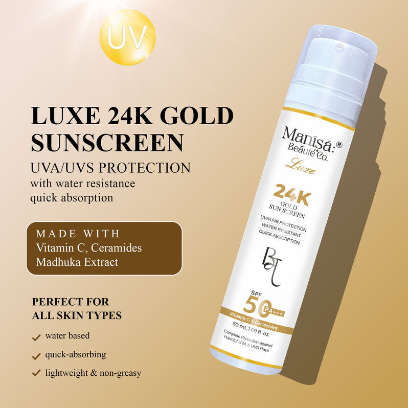 Manisa 24K Luxe Gold Sunscreen Lotion SPF 50 PA+++ with Vitamin C, Hyaluronic Acid & Ceramides - 50ML