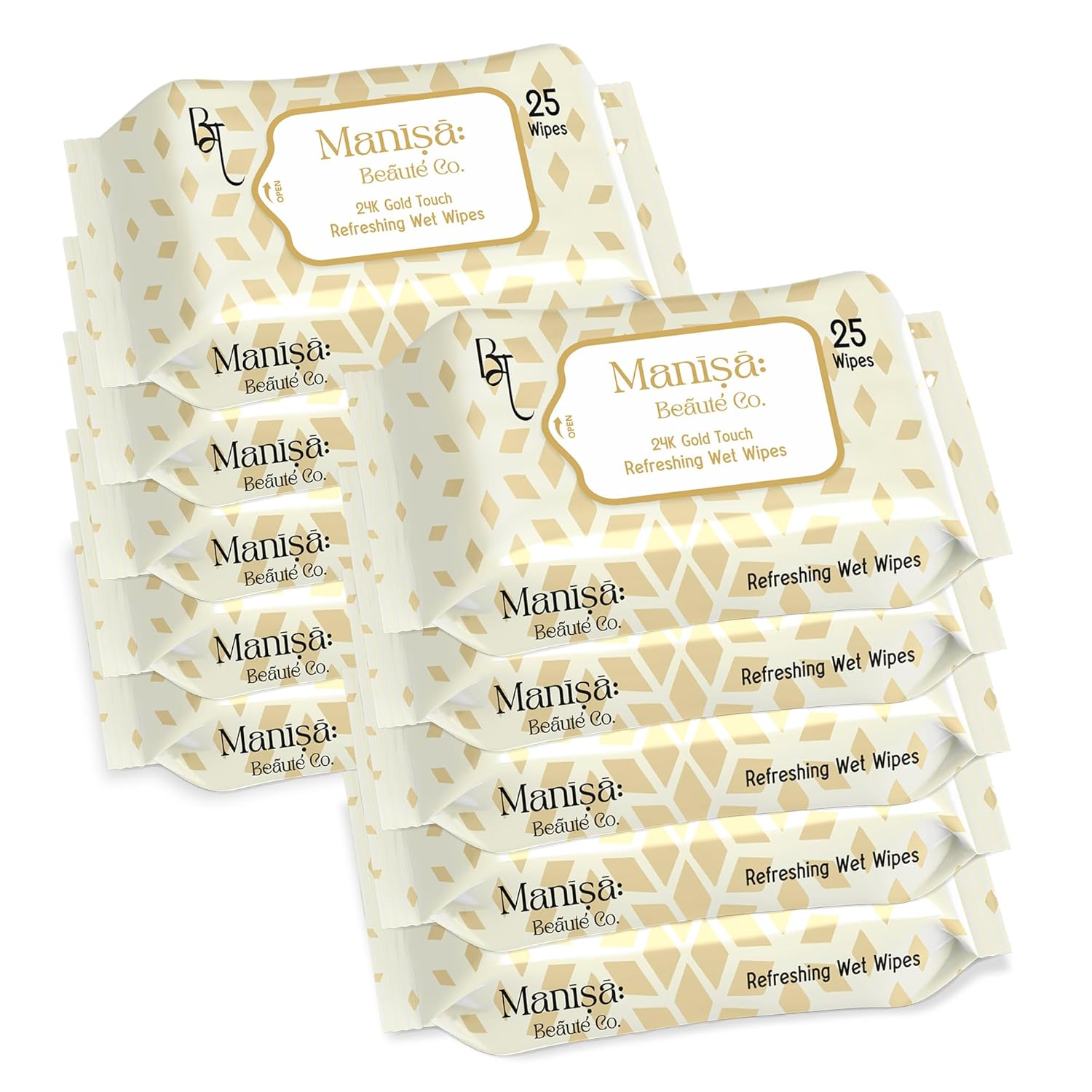Manisa Beaute Co. 24K Gold Touch Refreshing Wipes | Alcohol-Free, Vegan Makeup Remover | Paraben-Free & Cruelty-Free Facial Wipes for Sensitive Skin - 250 Wipes (Pack of 10)