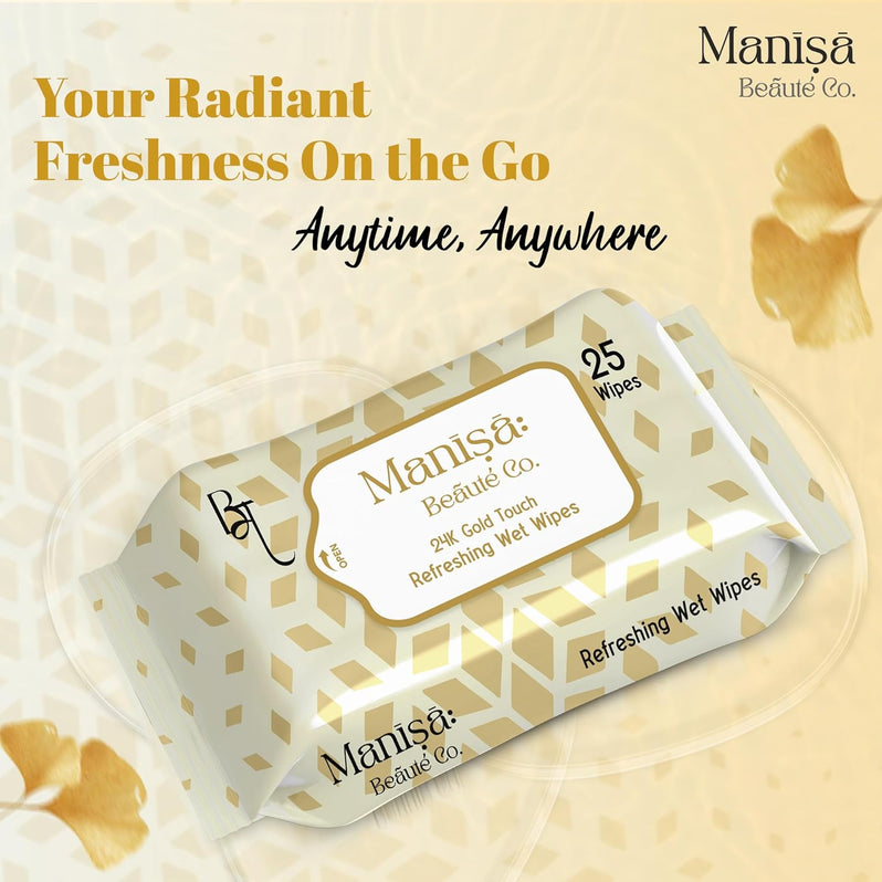 Manisa Beaute Co. 24K Gold Touch Refreshing Wipes | Alcohol-Free, Vegan Makeup Remover | Paraben-Free & Cruelty-Free Facial Wipes for Sensitive Skin - 250 Wipes (Pack of 10)