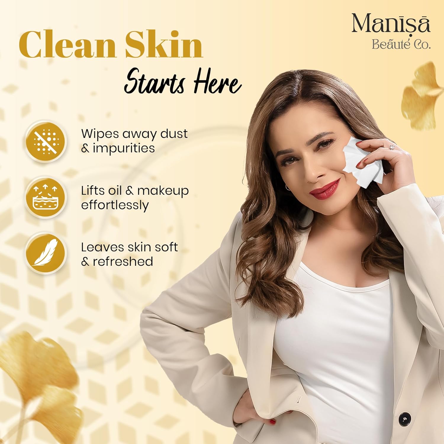 Manisa Beaute Co. 24K Gold Touch Refreshing Wipes | Alcohol-Free, Vegan Makeup Remover | Paraben-Free & Cruelty-Free Facial Wipes for Sensitive Skin - 250 Wipes (Pack of 10)