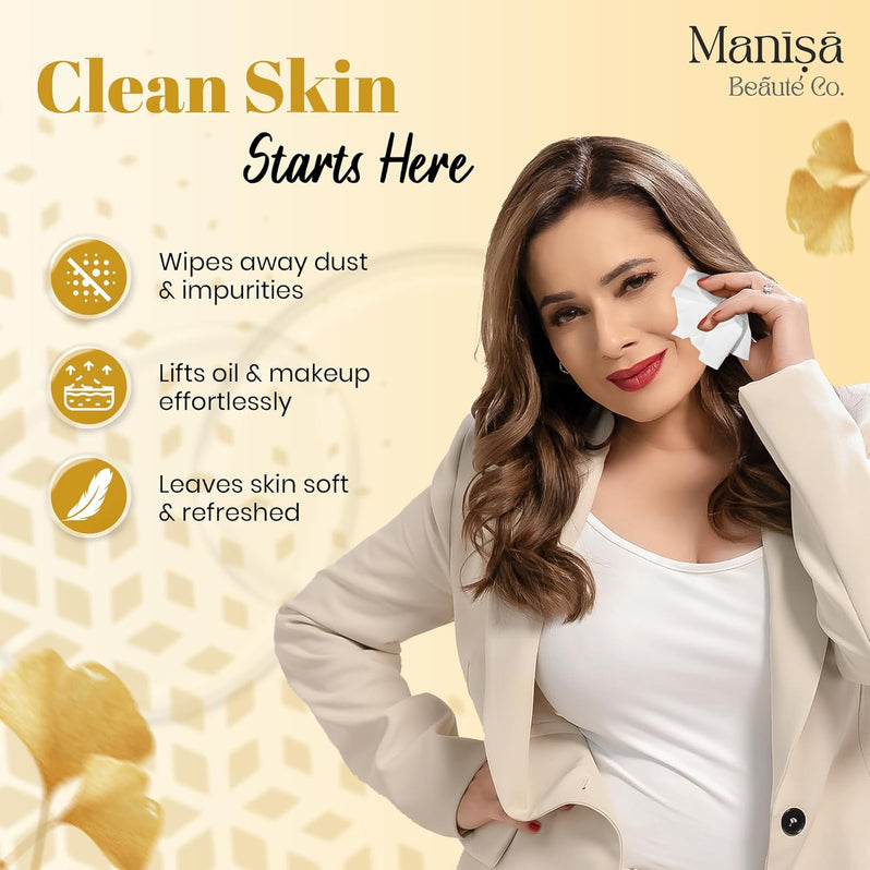 Manisa Beaute Co. 24K Gold Touch Refreshing Wipes | Alcohol-Free, Vegan Makeup Remover | Paraben-Free & Cruelty-Free Facial Wipes for Sensitive Skin - 250 Wipes (Pack of 10)