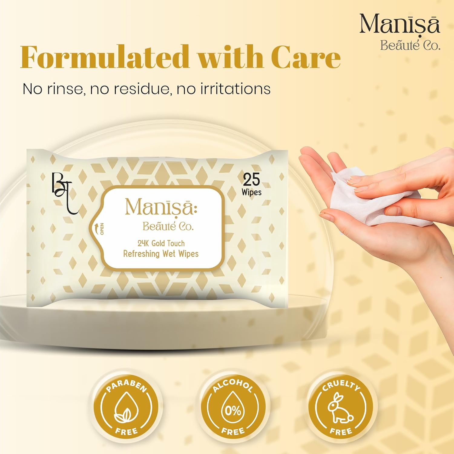 Manisa Beaute Co. 24K Gold Touch Refreshing Wipes | Alcohol-Free, Vegan Makeup Remover | Paraben-Free & Cruelty-Free Facial Wipes for Sensitive Skin - 250 Wipes (Pack of 10)