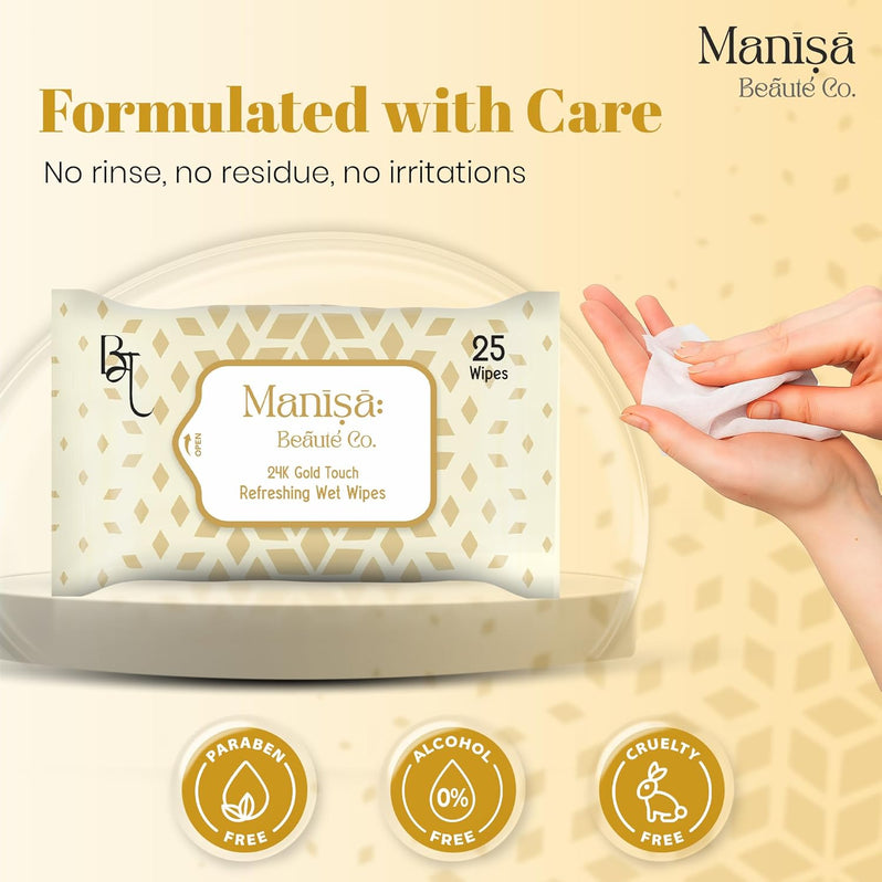 Manisa Beaute Co. 24K Gold Touch Refreshing Wipes | Alcohol-Free, Vegan Makeup Remover | Paraben-Free & Cruelty-Free Facial Wipes for Sensitive Skin - 250 Wipes (Pack of 10)
