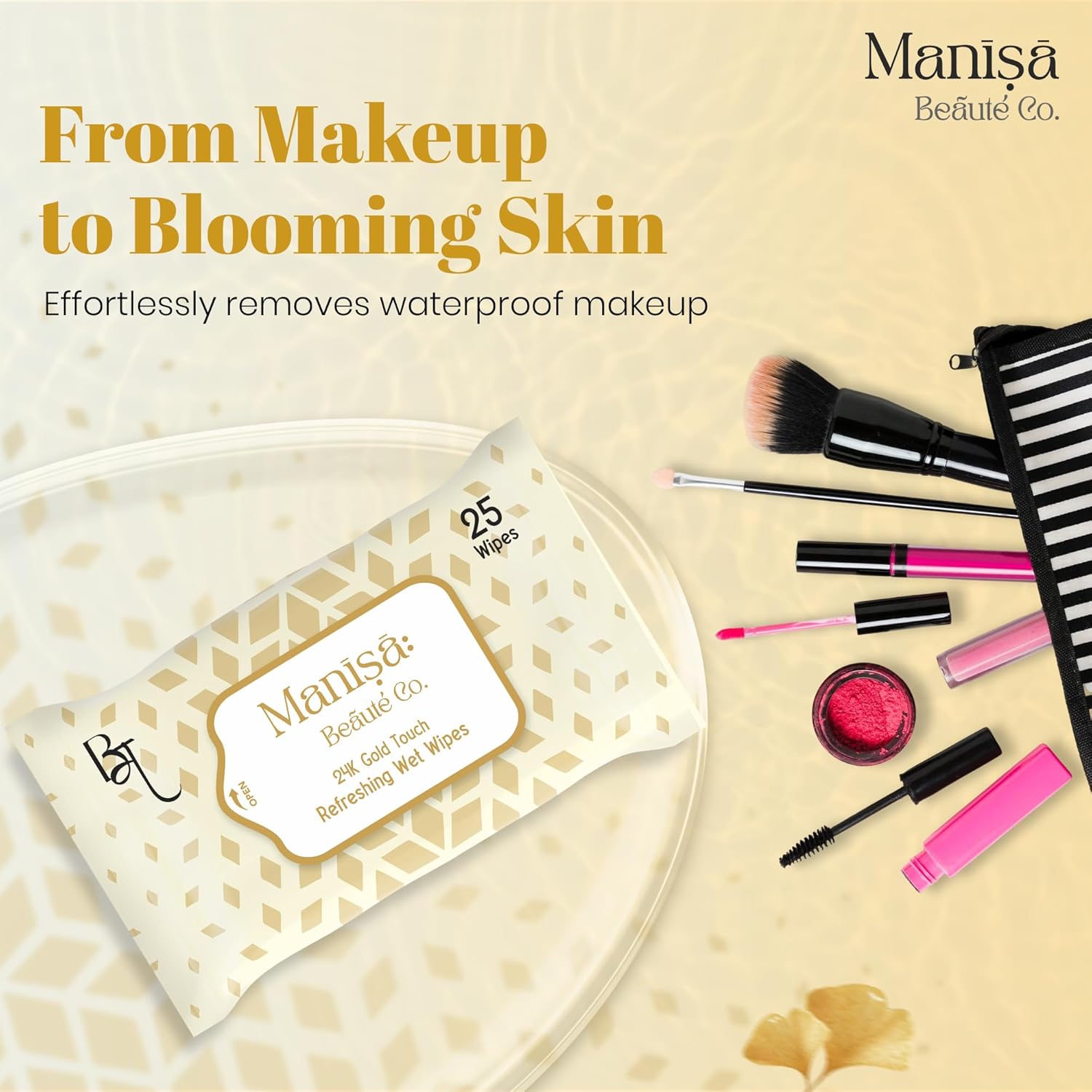 Manisa Beaute Co. 24K Gold Touch Refreshing Wipes | Alcohol-Free, Vegan Makeup Remover | Paraben-Free & Cruelty-Free Facial Wipes for Sensitive Skin - 250 Wipes (Pack of 10)