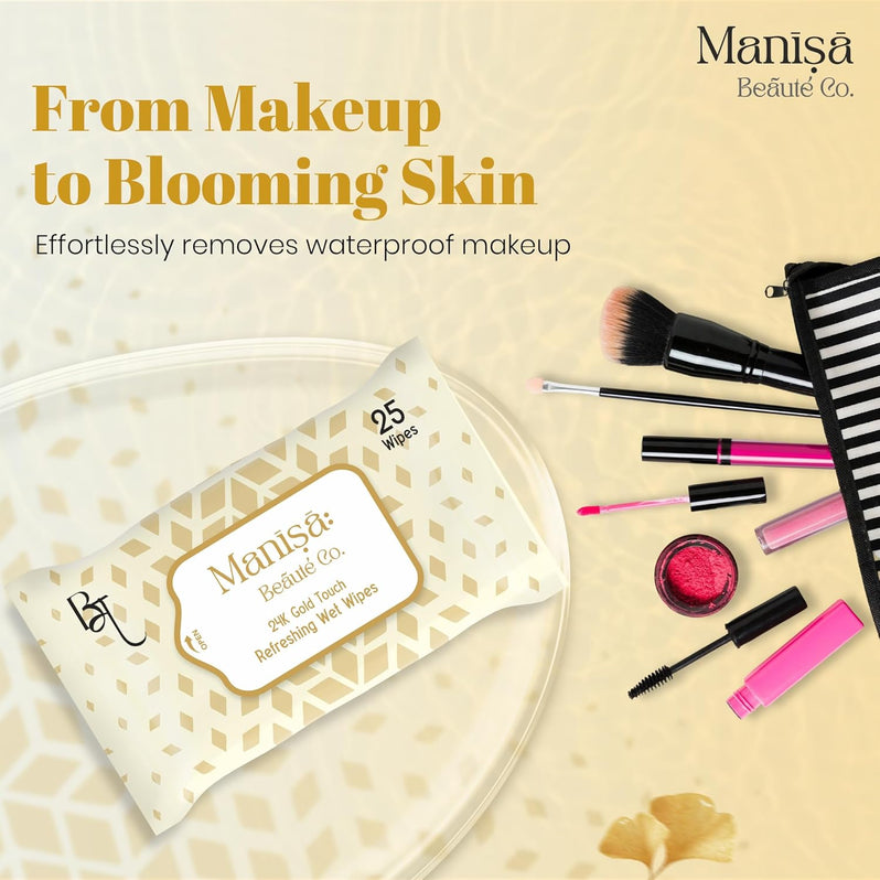 Manisa Beaute Co. 24K Gold Touch Refreshing Wipes | Alcohol-Free, Vegan Makeup Remover | Paraben-Free & Cruelty-Free Facial Wipes for Sensitive Skin - 250 Wipes (Pack of 10)