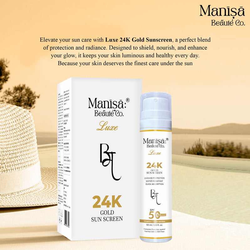 Manisa 24K Luxe Gold Sunscreen Lotion SPF 50 PA+++ with Vitamin C, Hyaluronic Acid & Ceramides - 50ML