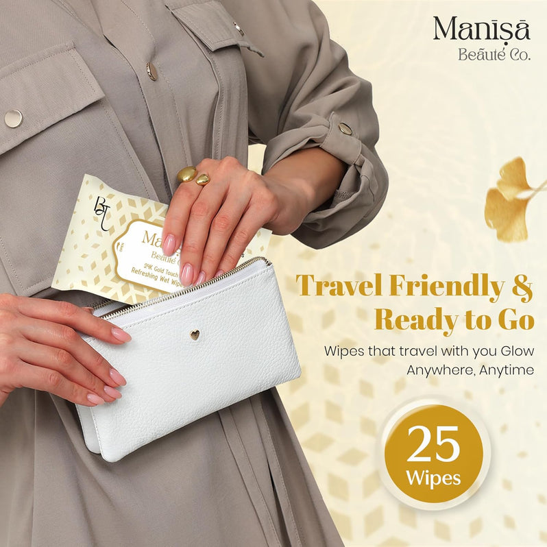 Manisa Beaute Co. 24K Gold Touch Refreshing Wipes | Alcohol-Free, Vegan Makeup Remover | Paraben-Free & Cruelty-Free Facial Wipes for Sensitive Skin - 250 Wipes (Pack of 10)