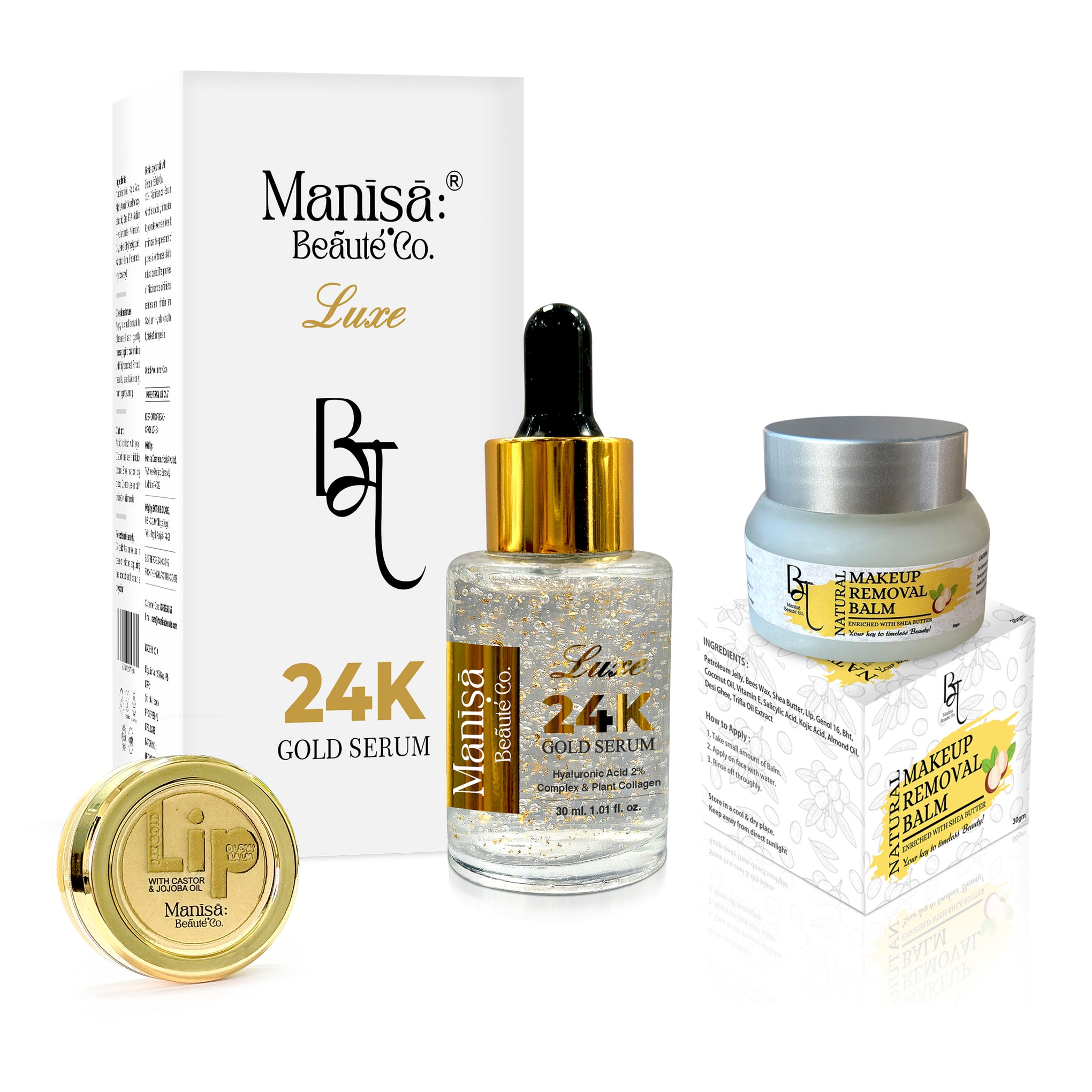 Manisa Luxe Gold Glow Trio – 24K Serum, Lip Balm & Natural Makeup Remover Balm