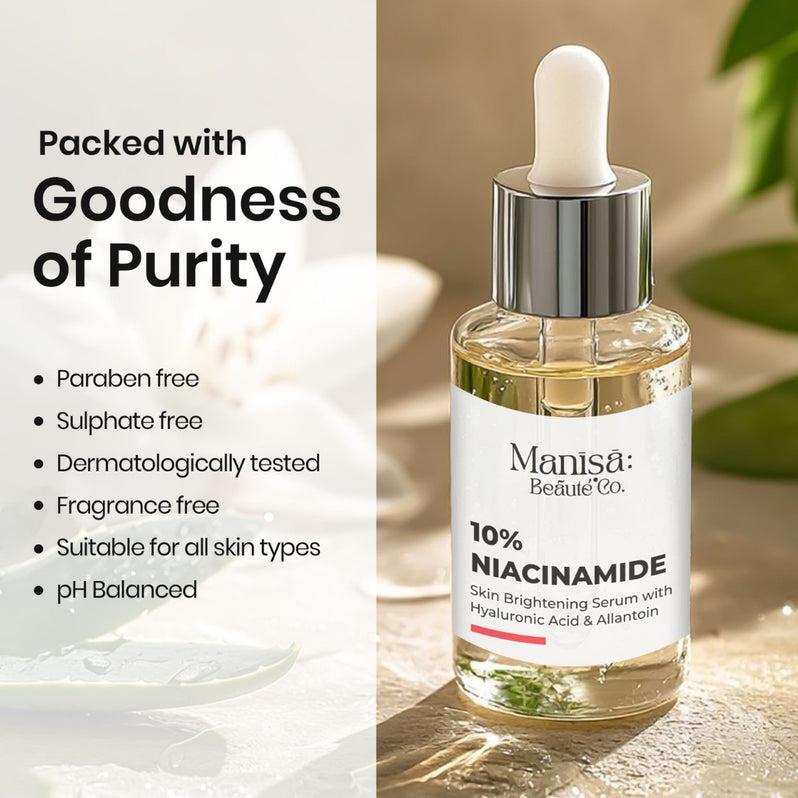 Manisa Beauté Co. 10% Niacinamide Face Serum with Hyaluronic Acid & Allantoin | Brightening & Hydrating Serum | Helps Improve Skin Texture, Even Skin Tone & Supports Skin Barrier | 30ml
