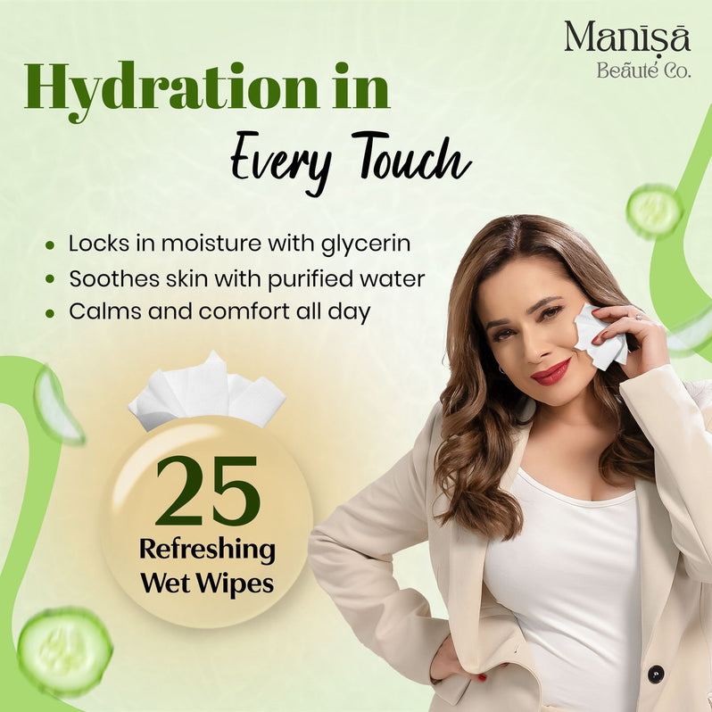 Manisa Beaute Co Cucumber & Aloe Vera Refreshing Wet Wipes, Alcohol Free, (10 Pack)  (250 Wipes)