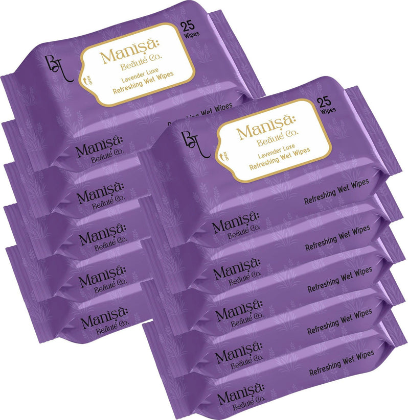 Manisa Beaute Co Lavender Luxe Refreshing Wet Wipes, Alcohol Free & Vegan, (Pack of 10)  (250 Wipes)