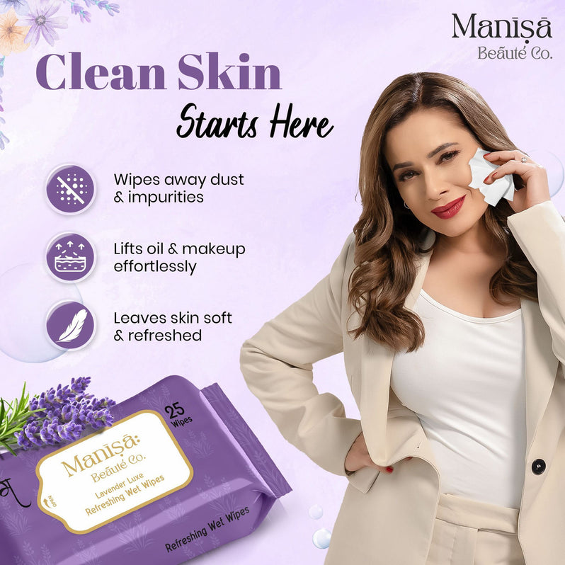 Manisa Beaute Co Lavender Luxe Refreshing Wet Wipes, Alcohol Free & Vegan, (Pack of 10)  (250 Wipes)